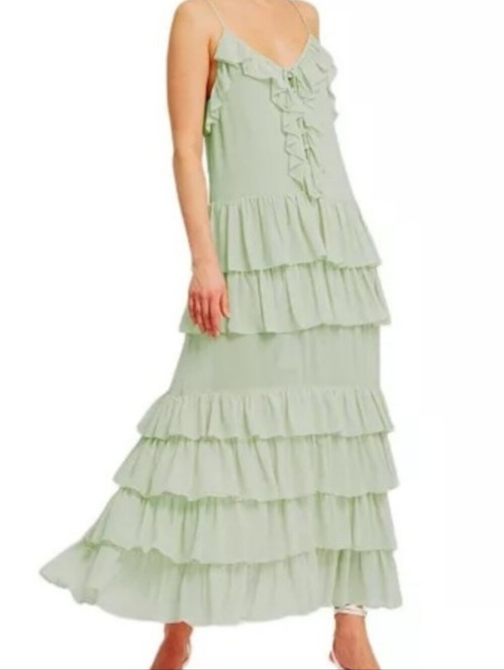 "TORN BY RONNY KOBO msrp $228 green mesh tiered ruffled delicate Orcadia Dress"9